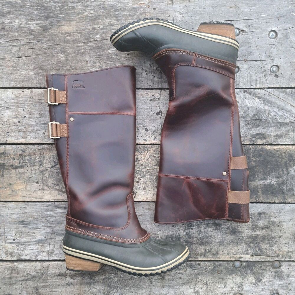 Sorel Slimpack II Tall Leather Riding Boots Brown Womens 8 NL 2321-261 Rubber